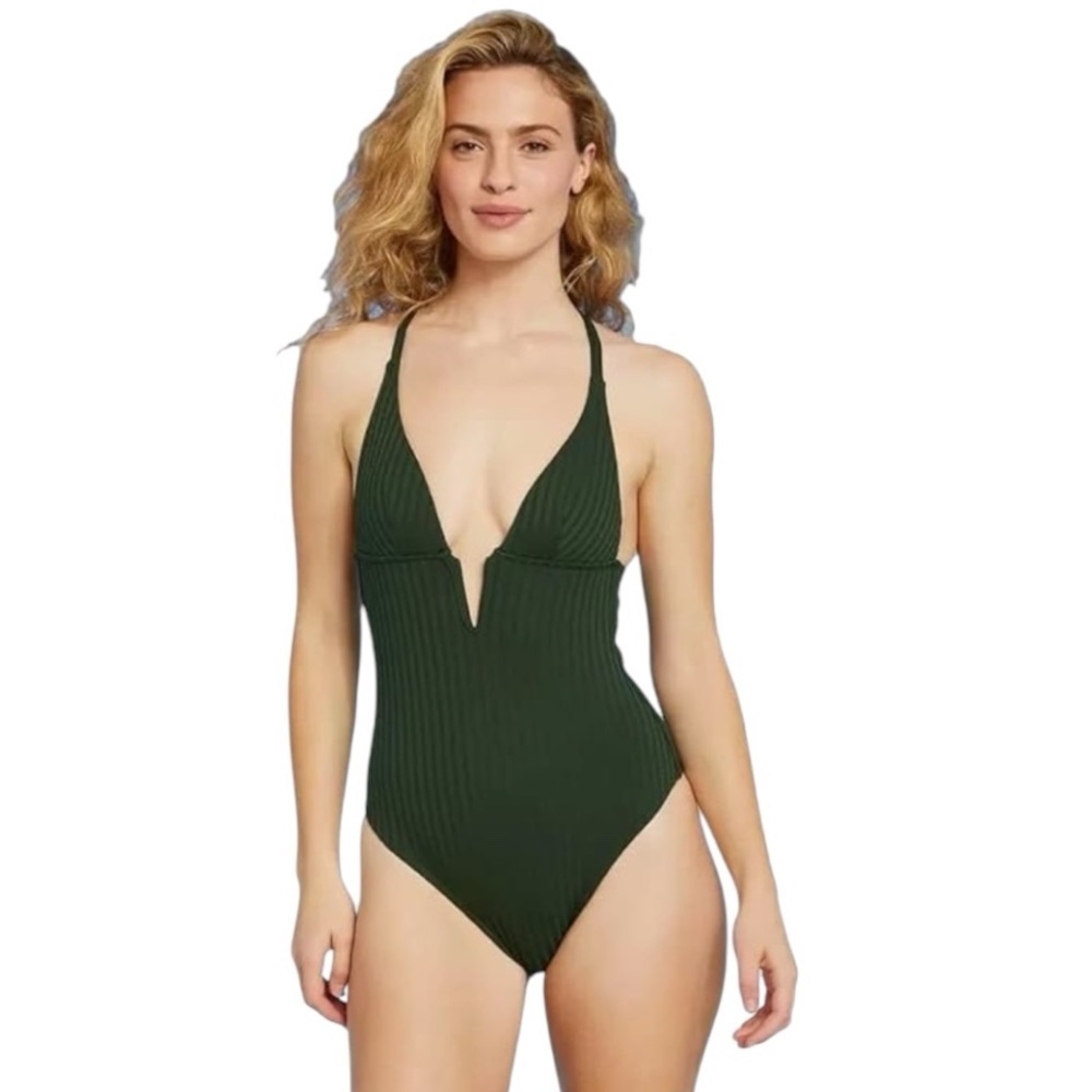 Shade & Shore Women's Ribbed Plunge Front V-Wire One Piece Green Swimsuit SZ M